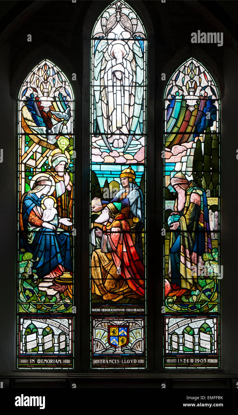 Adoration of the Magi stained glass, St Michael`s Church, Abenhall, Gloucestershire, England, UK Stock Photo